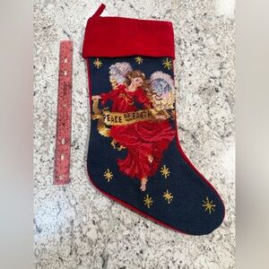 Angel Peace on Earth Needlepoint Red Blue Yellow Christmas Stocking